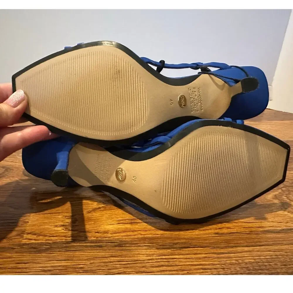 Zara Square Toe Strappy Slingback Heels Women’s 40 Cobalt Blue Sandals NWOB